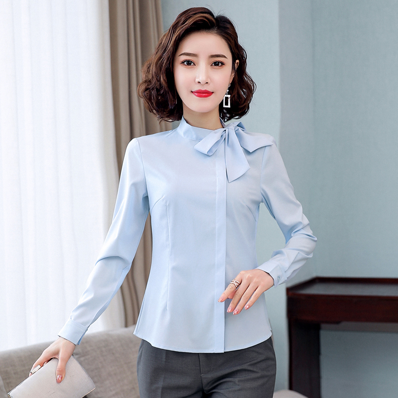 PF23785# 蝴蝶结衬衫女长袖修身秋装职业衬衣物业酒店餐饮前台服务员工作服女裝貨源服裝批發