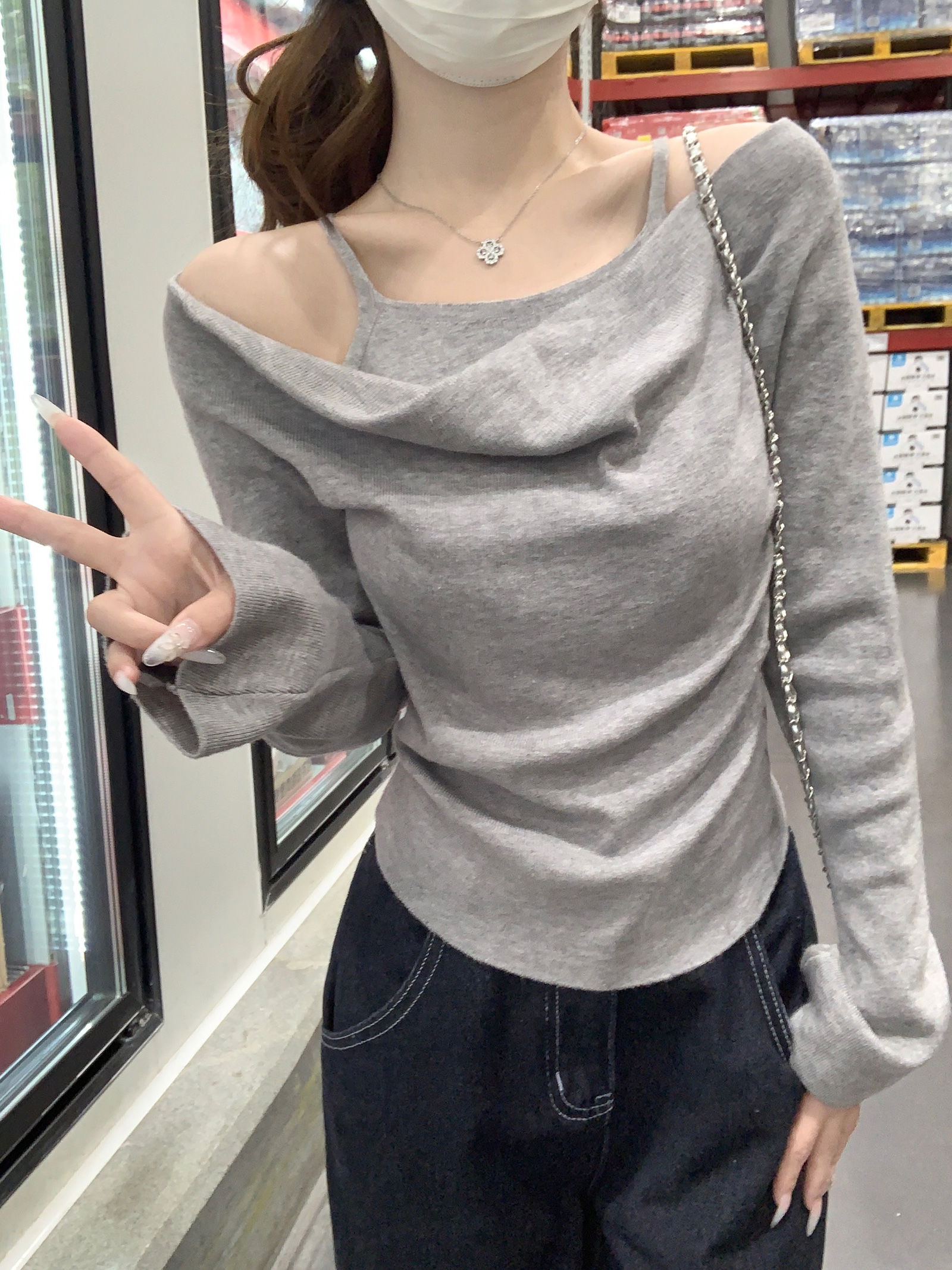 PF23794#包芯纱长袖上衣针织衫吊带2024短款修身打底女款秋冬保暖毛衣女裝貨源服裝批發