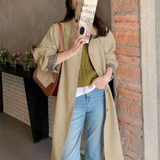 批发风衣外套女今年春秋新款格子拼接中长款小个子宽松百搭垂感大衣潮