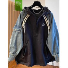 批发特大码300斤牛仔拼接半拉链连帽套头卫衣外<b class='q'>套男</b>女装春秋欧货上衣