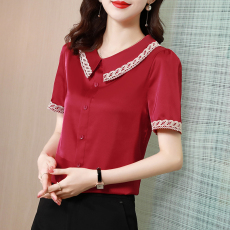 批发实拍 醋酸缎面短袖<b class='q'>雪纺衫女</b>2026夏季新款上衣<b class='q'>娃娃领</b>衬衫时尚小衫