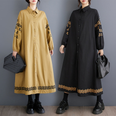 批发实拍春秋新款宽松<b class='q'>大码</b>拼接休闲简约绣花甜美长袖衬衫<b class='q'>连衣裙</b>