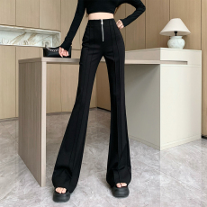 批发新款双立体线前拉链微喇裤2024设计感高腰显瘦百搭拖地裤