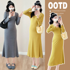 批发实拍春季新款孕妇装套头针织鱼尾连衣裙简约长袖修身中长裙