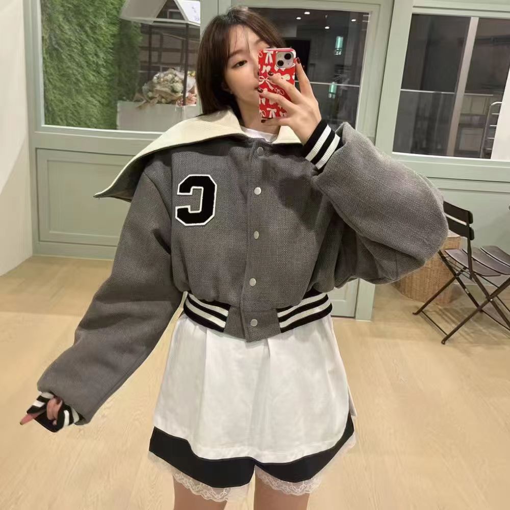 South Korea's Dongdaemun 2024 winter new Korean style lapel and cotton thickened warm baseball uniform short jacket