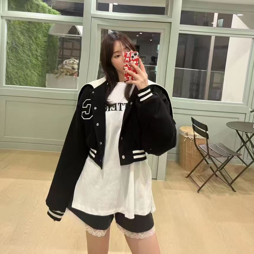 South Korea's Dongdaemun 2024 winter new Korean style lapel and cotton thickened warm baseball uniform short jacket