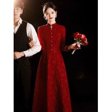 批发敬酒服旗袍中式连衣裙2024新款秋冬订婚结婚礼服裙女回门长袖红色