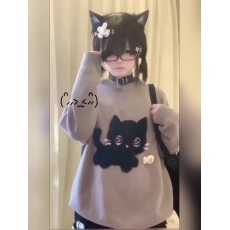 批发小猫吃不饱原创黑猫灰色毛衣仿貂毛立体小鱼外套秋冬软糯针织上衣