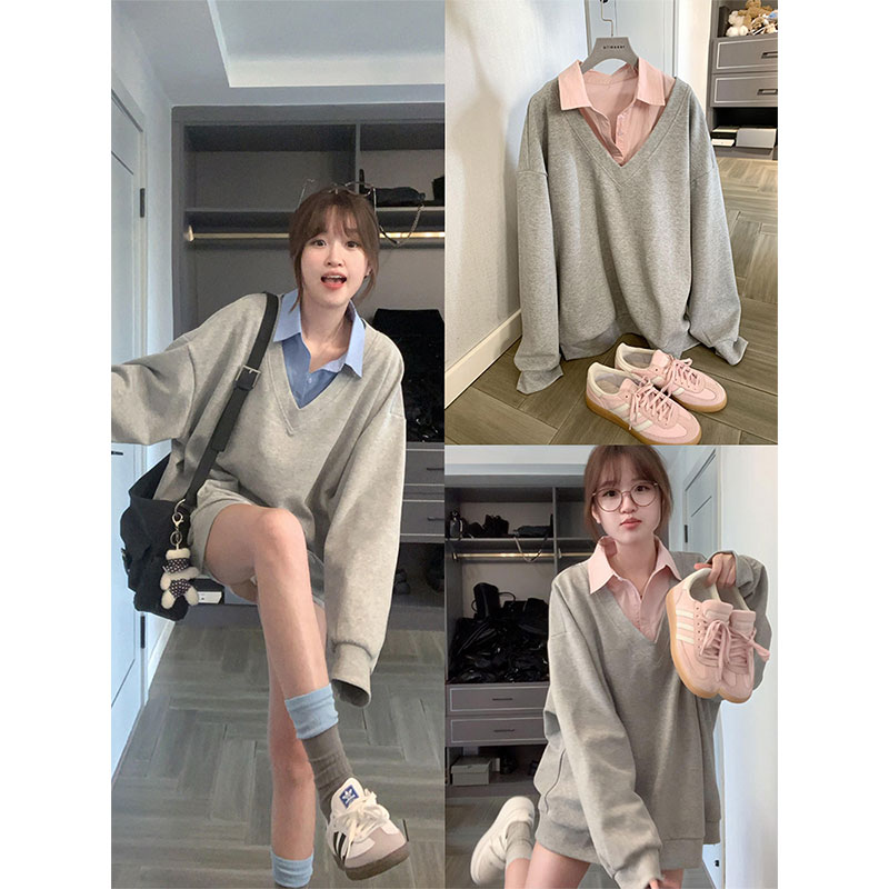 순면 두꺼운 복합 비 반사 원단 느긋한 바람 배색 페이크 레이어드 슬림해 보이는 후드티
