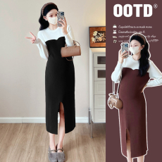 批发实拍新款秋<b class='q'>冬</b>孕妇针织宽松显瘦拼接时尚百搭潮妈连衣裙