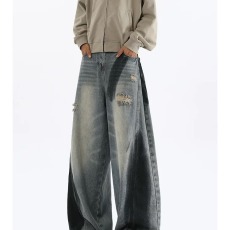 批发高级牛仔裤男秋冬宽松直筒休闲长裤<b class='q'>日系</b><b class='q'>复古</b>水洗做旧阔腿裤子