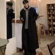 批发2024早秋新款风衣男长款过膝纯色肩部加扣英伦风中长款风衣外套潮