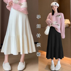 批发 孕妇装秋冬新款高腰针织百褶裙时尚潮妈减龄显瘦大摆长裙