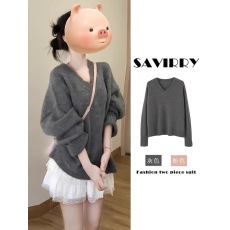 批发慵懒风高级感灰色V领宽松套头毛衣针织衫女秋冬蕾丝半身裙两件套