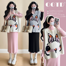 批发实拍~2024秋<b class='q'>冬</b>新款韩版时尚卡通兔子马甲+连衣裙减龄甜美套装