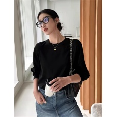 批发纯棉  个性印花长袖T恤女白色撞色简约内搭高级感打底上衣