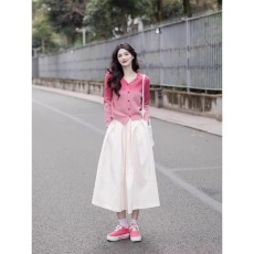 批发多巴胺穿搭春装搭配一整套大码胖mm粉色<b class='q'>甜美</b>毛衣外套半身裙两件套