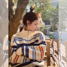 批发法式小香风开衫毛衣外套高领<b class='q'>糖果</b><b class='q'>色</b>彩虹条纹针织衫女2024新款秋款