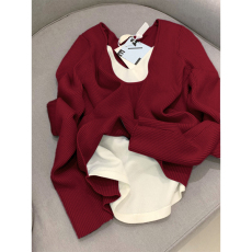 批发安可拉红色复古鸡心领假两件打底针织衫女秋冬内搭<b class='q'>毛衣</b>高级感上衣