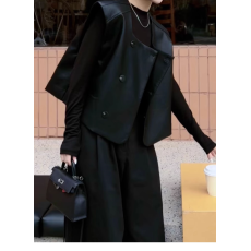 批发黑色短款皮衣马甲外套女2024春秋设计感时尚宽松无袖叠穿坎肩上衣