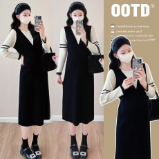 批发实拍新款孕妇秋<b class='q'>冬</b>针织宽松显瘦时尚百搭拼接假两件潮妈连衣裙