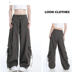 批发外贸原版春季街头机能休闲裤子<b class='q'>女</b>新款大口袋飘带百搭工<b class='q'>装</b>阔腿长裤