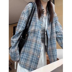 批发原版后腰拼接 蓝色格子<b class='q'>长袖</b><b class='q'>衬衫</b>女秋季新款宽松上衣外套<b class='q'>衬衣</b>