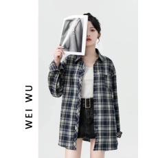 原版梭织格格子长袖衬衫女春秋新款复古港风休闲衬衣上衣