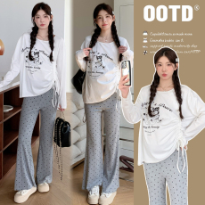 实拍孕妇春装时尚新款长袖T恤设计感上衣气质显瘦抽绳减龄套装