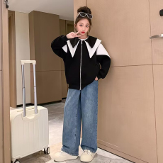 批发<b class='q'>女童</b>拉链外<b class='q'>套</b>春秋儿童装撞色开衫洋气时髦秋装女孩网红娃娃领上衣