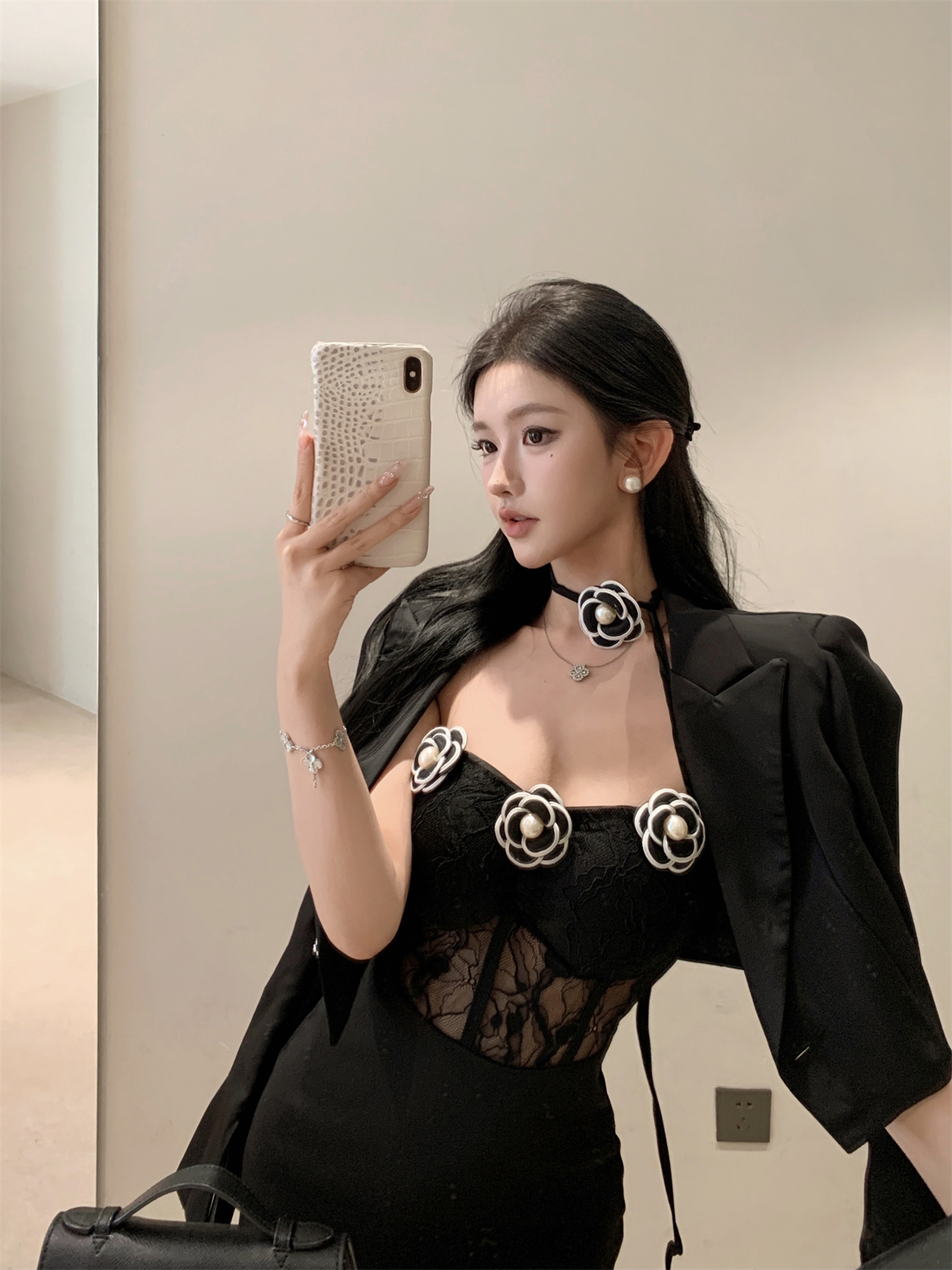 실제 촬영 정가 대비 색 꽃 행침 목 튜브 톱 치마 정장 여성 코트 가을과 겨울 정장
