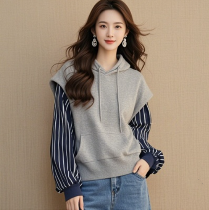 아메리칸 느긋한 chic 조수 브랜드 고급 센스 회색 스트라이프 페이크 레이어드 후드 티 스웨터 여성 조기 가을 2026 새로운