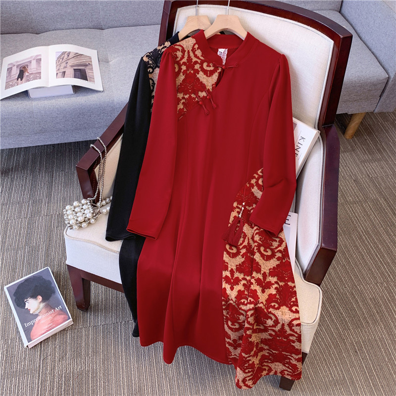 PF23909#大码女装新款新中式复古改良旗袍拼接优雅气质连衣裙女裝貨源服裝批發