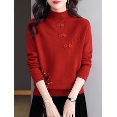 批发奥莱<b class='q'>品牌</b>半高领毛衣女秋冬内搭中国风盘扣上衣洋气妈妈红色打底衫