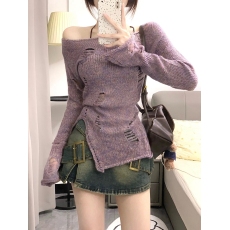 批发镂空针织衫上衣女2025春秋新款罩衫不规则紫色打底衫内搭一字肩潮
