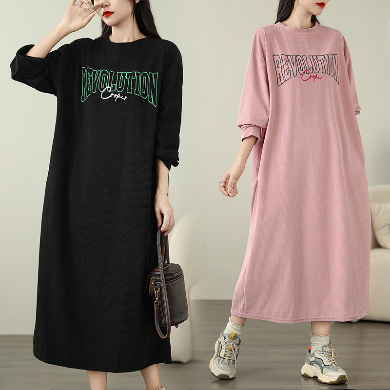 PF23963# 韩国chic秋装新款大码女装字母宽松灯芯绒连衣裙M-4XL200斤女裝貨源服裝批發