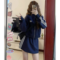 批发秋冬穿搭高级感短裙套装女休闲大码条纹开衫卫衣高腰半身裙两件套