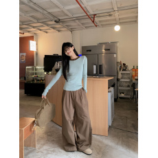 批发实拍实价 撞色圆领针织衫内搭<b class='q'>上衣</b>+咖色复古休闲<b class='q'>裤</b>高腰宽松西<b class='q'>装</b><b class='q'>裤</b>