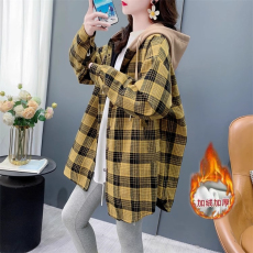 批发复合超柔加绒后包领抖音质量连帽格子衬衫女中长款<b class='q'>外套</b>