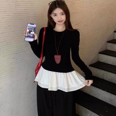 批发玖玖实价黑色气质芭蕾风长袖t恤女花苞拼接设计感打底衫上衣