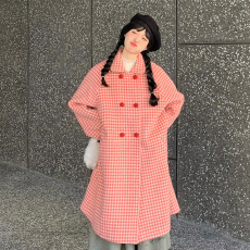 批发可爱学院风红色格纹毛呢外套女2025新款秋冬中长款娃娃领呢子大衣