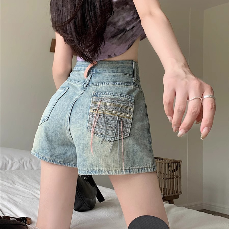 PF23995# 复古辣妹高腰牛仔短裤女夏季新款刺绣设计宽松显瘦百搭阔腿热裤子女裝貨源服裝批發
