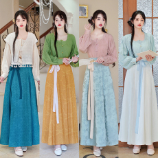 批发实拍鸡心领唐制短衫百搭提花长袖衬衣八破裙显瘦半身裙日常穿套装