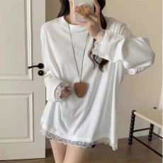 批发A7seven2025秋季单穿内搭小能手蕾丝拼接中长款圆领宽松<b class='q'>白色</b><b class='q'>T</b><b class='q'>恤</b>女