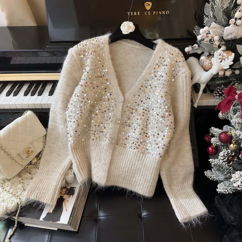 PF24371#亮片V领针织开衫女设计感慵懒风软糯灰色外搭毛衣外套女裝貨源服裝批發