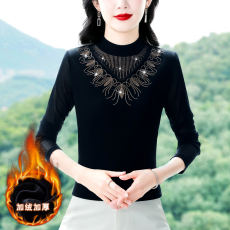 批发2025<b class='q'>新款</b>高端百搭显瘦气质蕾丝烫钻高领长袖打底t恤加绒加厚