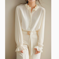 批发今年流行漂亮小衫韩系别致上衣高级感<b class='q'>白色</b>荷叶边雪纺衬衫女秋