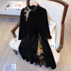 批发大码女装改良旗袍新款复古气质长袖日常金丝绒印花拼接显瘦连衣裙