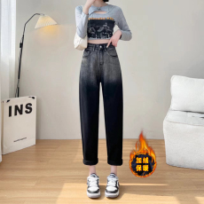 批发实拍2025秋冬加绒牛仔裤女渐变色小个子<b class='q'>哈伦裤</b>宽松显高八分裤九分