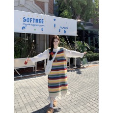 批发实拍~韩系彩色条纹叠穿流苏加厚背心裙